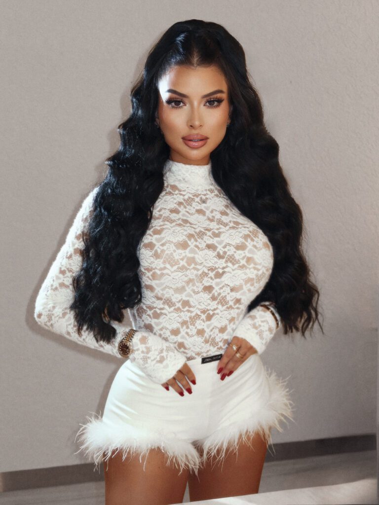 White Lace Bodysuit & Feather Mini Skirt Set