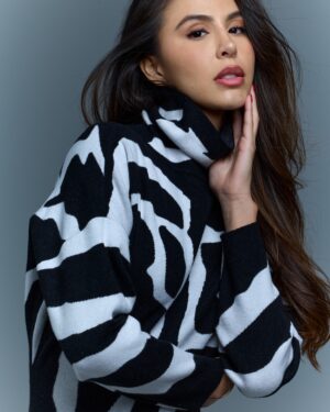 Black & White Abstract Zebra Print Turtleneck Knit Mini Dress