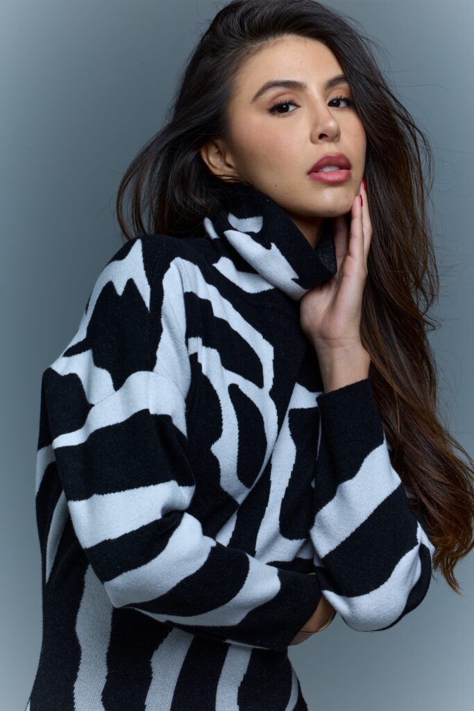 Black & White Abstract Zebra Print Turtleneck Knit Mini Dress