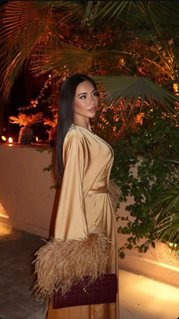 Gold Silk Feather-Hem Abaya with Inner Dress